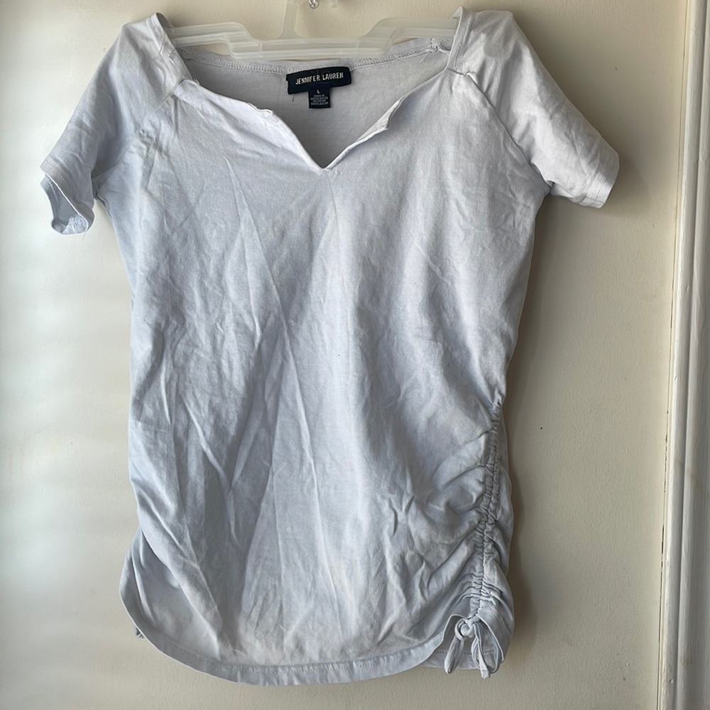 White Ruched V Neck Top